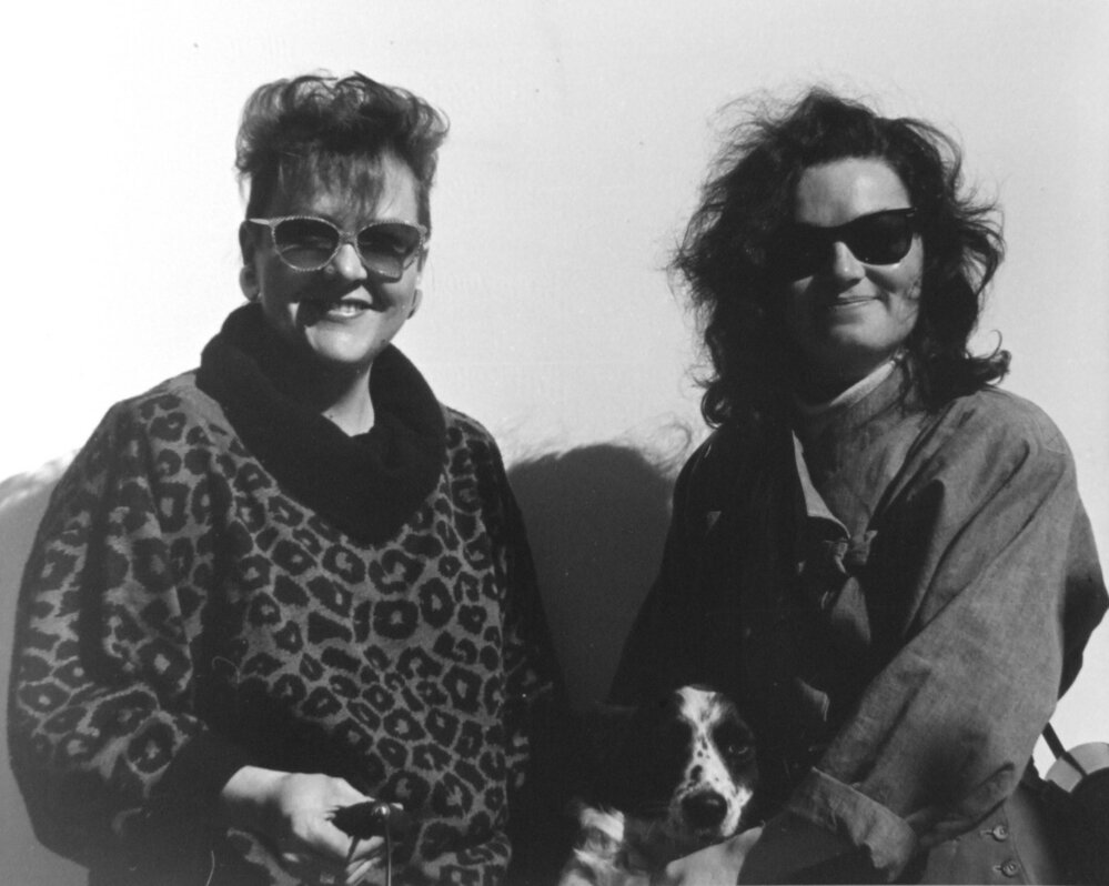 Elizabeth Heath and Christina Caddie with dog Sally, Orange, NSW