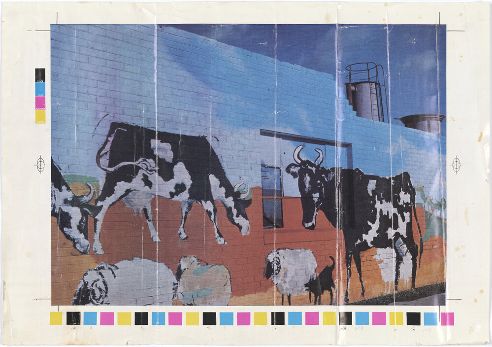 Section of Mural on Gas Works brick wall depicting Freisan cows, sheep and a dog