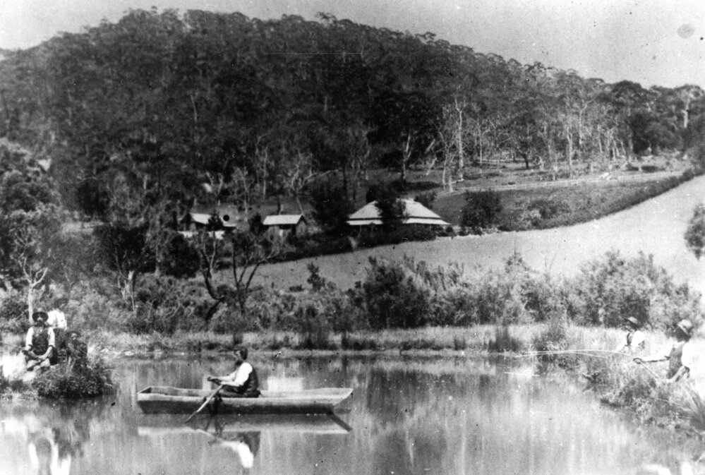 Watts family around lake at Fernbank, John Watts property