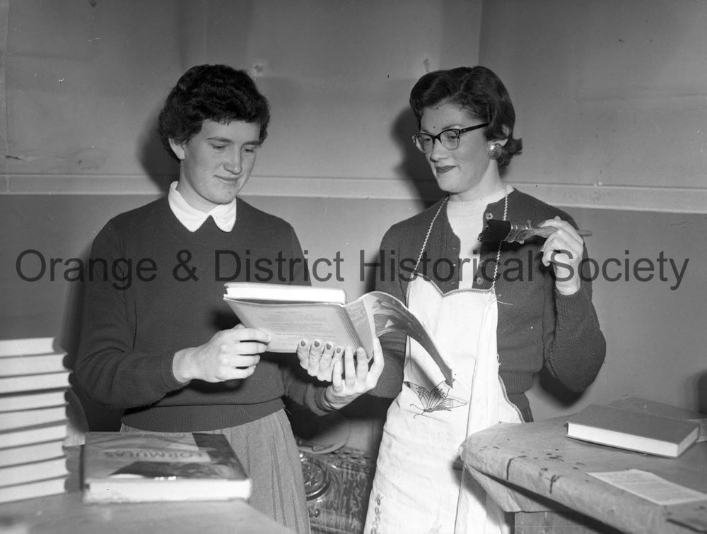 City librarian Joan Barry and Judy Nicholas with library books