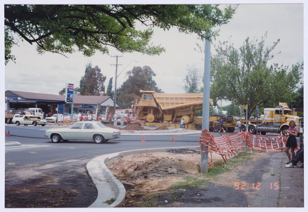 Large low loader truck Hill and Summer Streets roundabout 