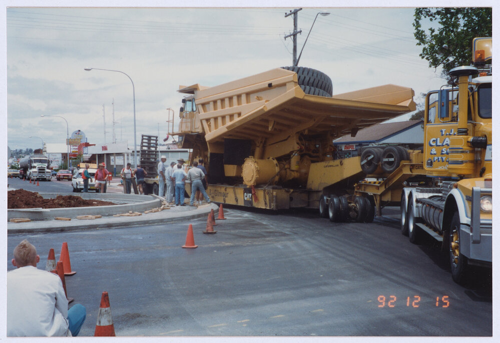 Large low loader truck Hill and Summer Streets roundabout 