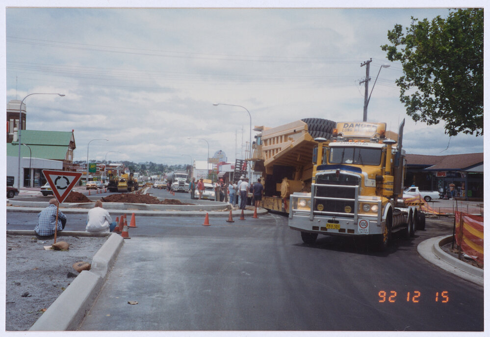 Large low loader truck Hill and Summer Streets roundabout 