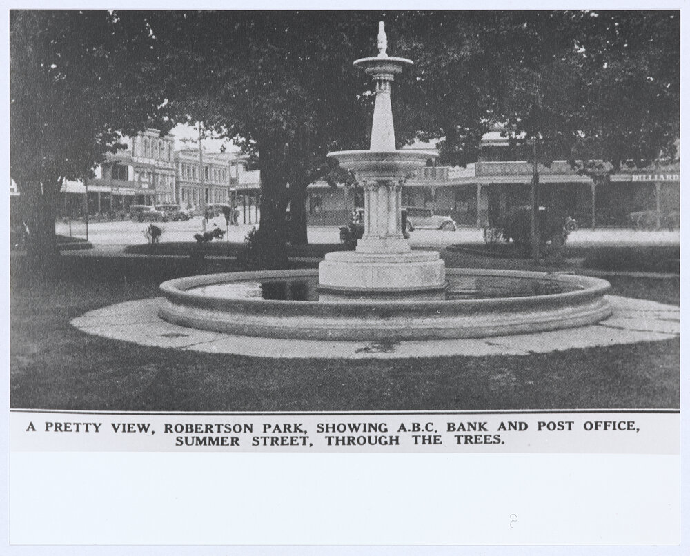 A Pretty View, Robertson Park, Showing ABC Bank and Post Office, Summer Street, through the trees