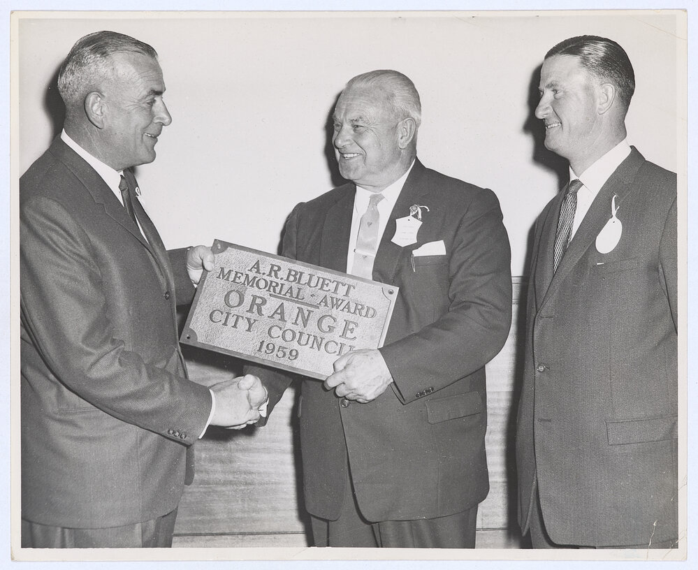 Mayor of Orange, Alan Ridley receiving the 1959 A R Bluett Memorial Award
