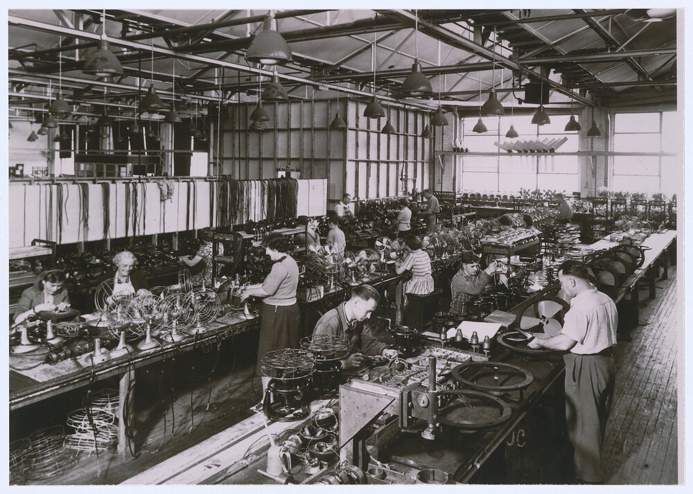 One of the earliest photographs of the Elcon fan production section, Emmco factory, Orange