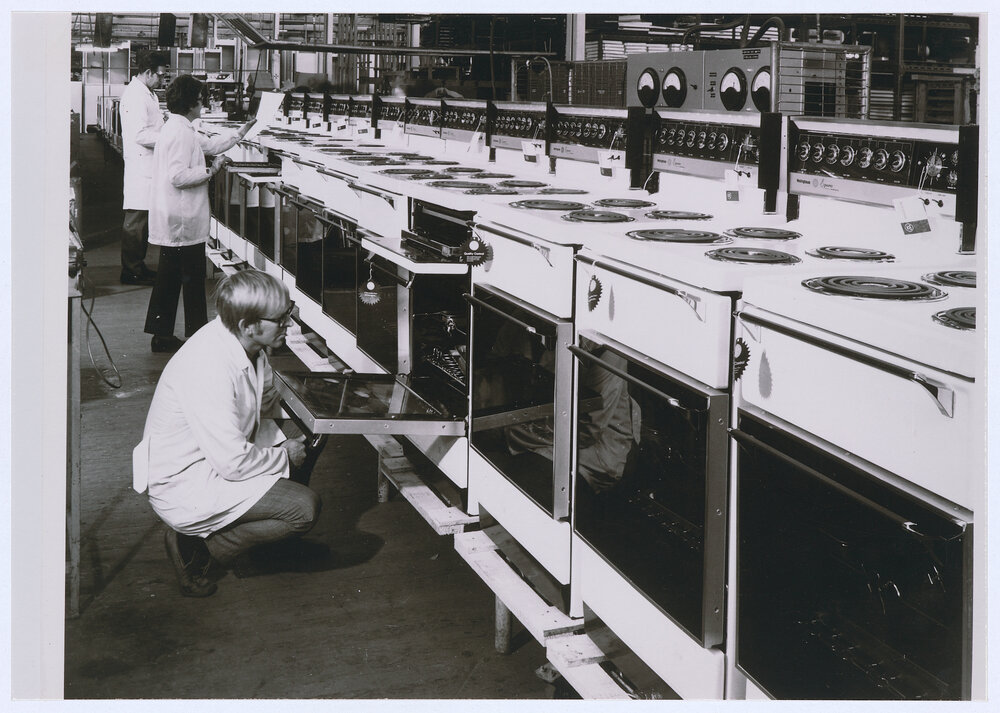 Inspecting Westinghouse cooking ranges at the Email plant, Orange in the 1980s