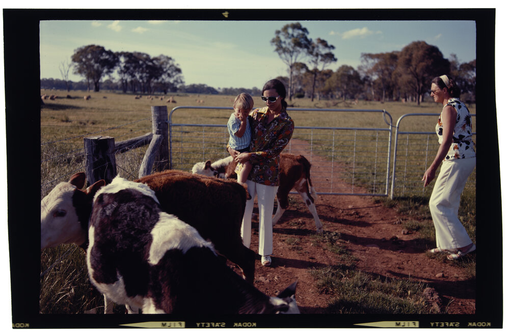 Woman and child with calves
