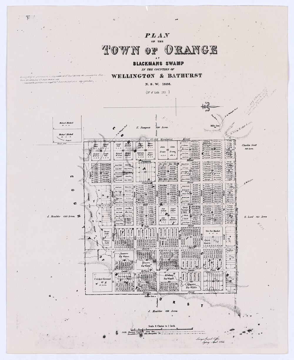 Plan of the town of Orange at Blackmans Swamp in the counties of Wellington &amp; Bathurst NSW 1866