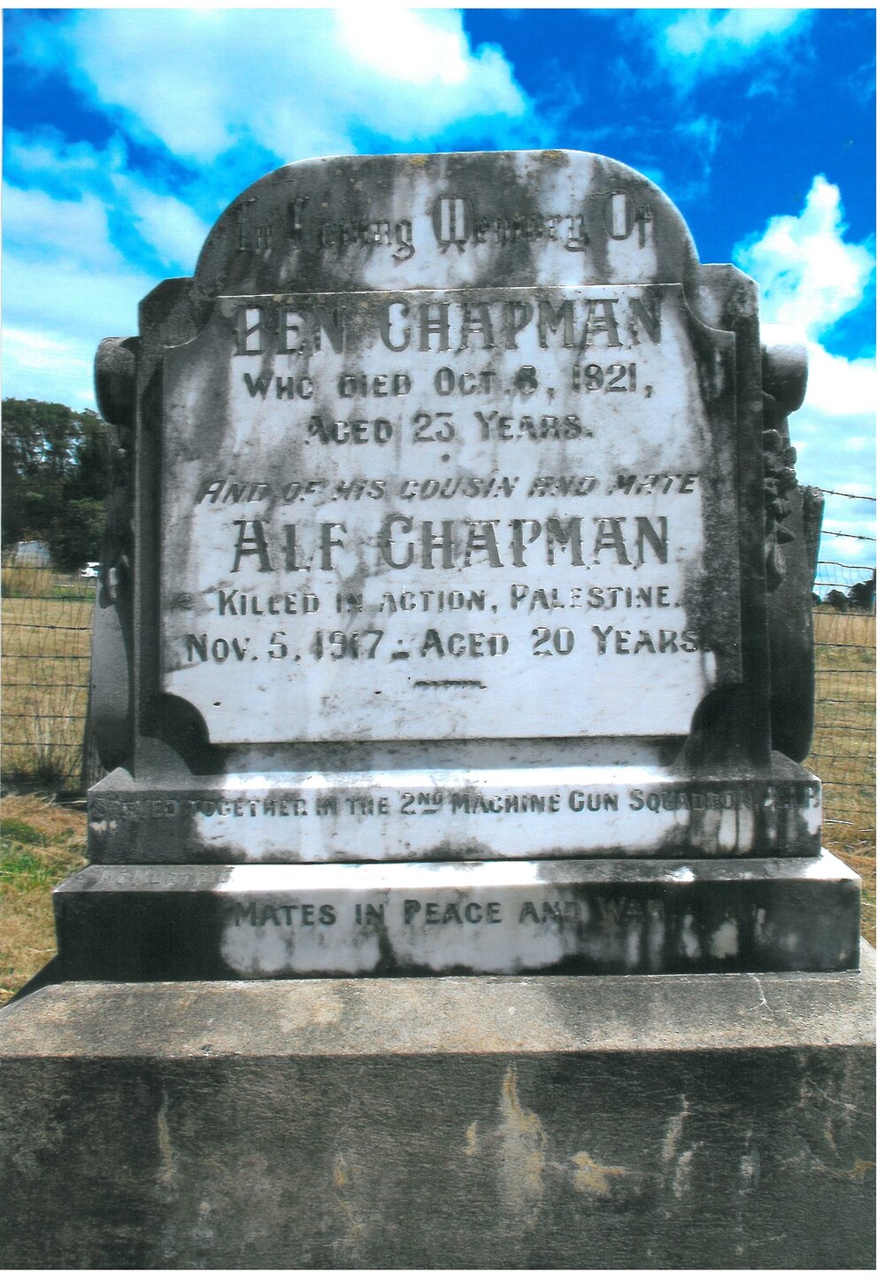 Benjamin Chapman's headstone at Spring Hill Cemetery commemorating Alfred Chapman: ''Mates in Peace and War''