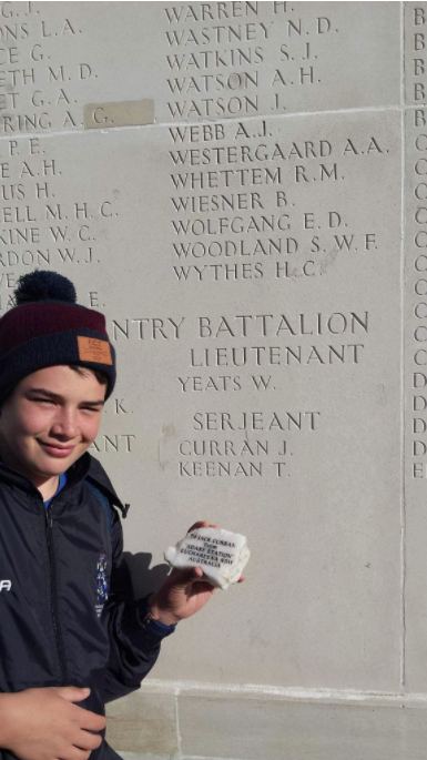  Jarvis Regan with his tribute to Jack Curran, Villers-Bretonneux Memorial, France, April 2016
