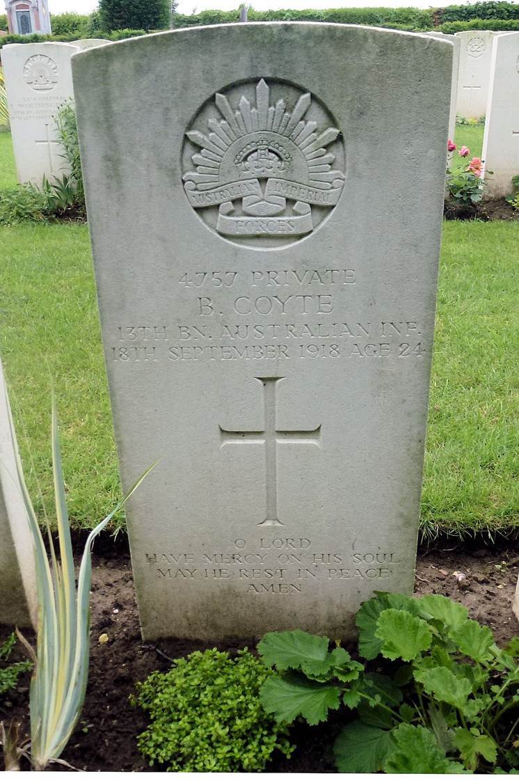 Bernard Ambrose Coyte's headstone, Jeancourt Communal Cemetery Extension, France