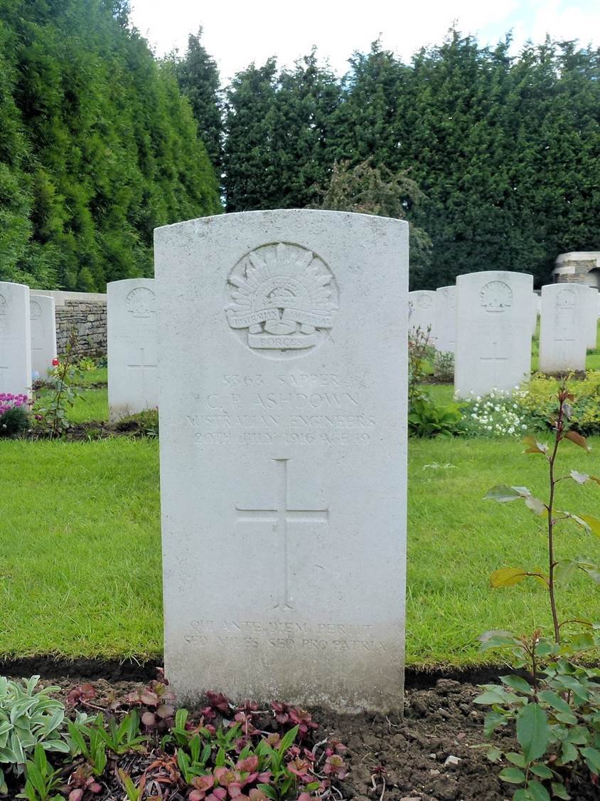 Cecil Parker Ashdown's headstone, Anzac Cemetery, Sailly-sur-la-Lys, France
