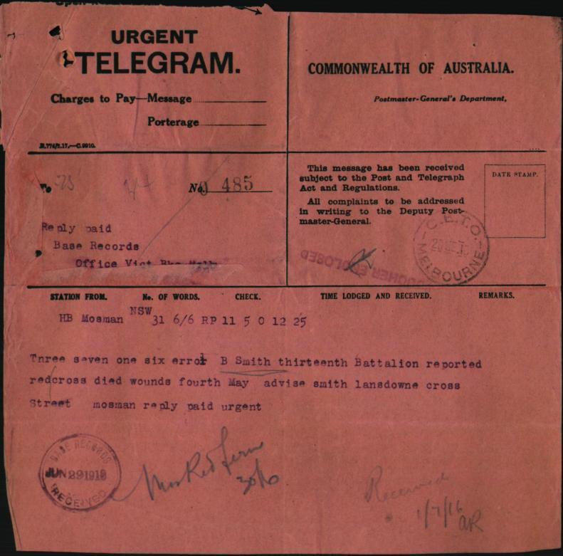 Telegram advising Errol Bathurst Smith's mother of his death