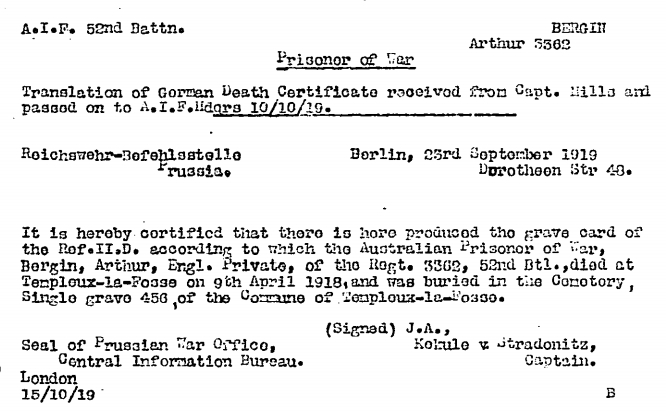 Arthur Bergin's death certificate translated from German