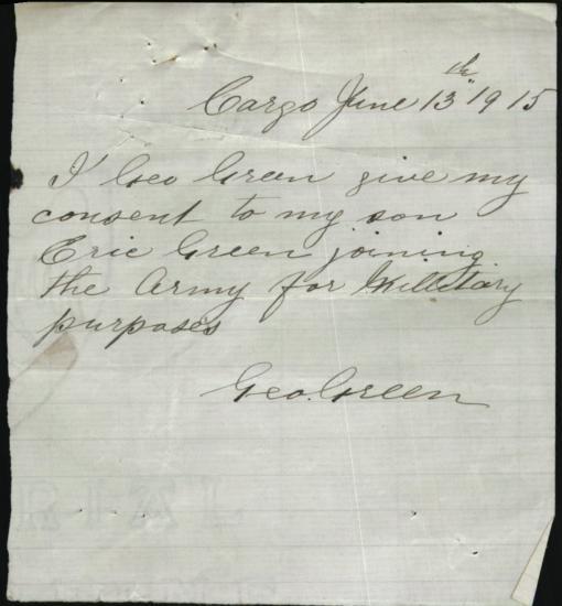 George Green's consent for his son Eric to enlist