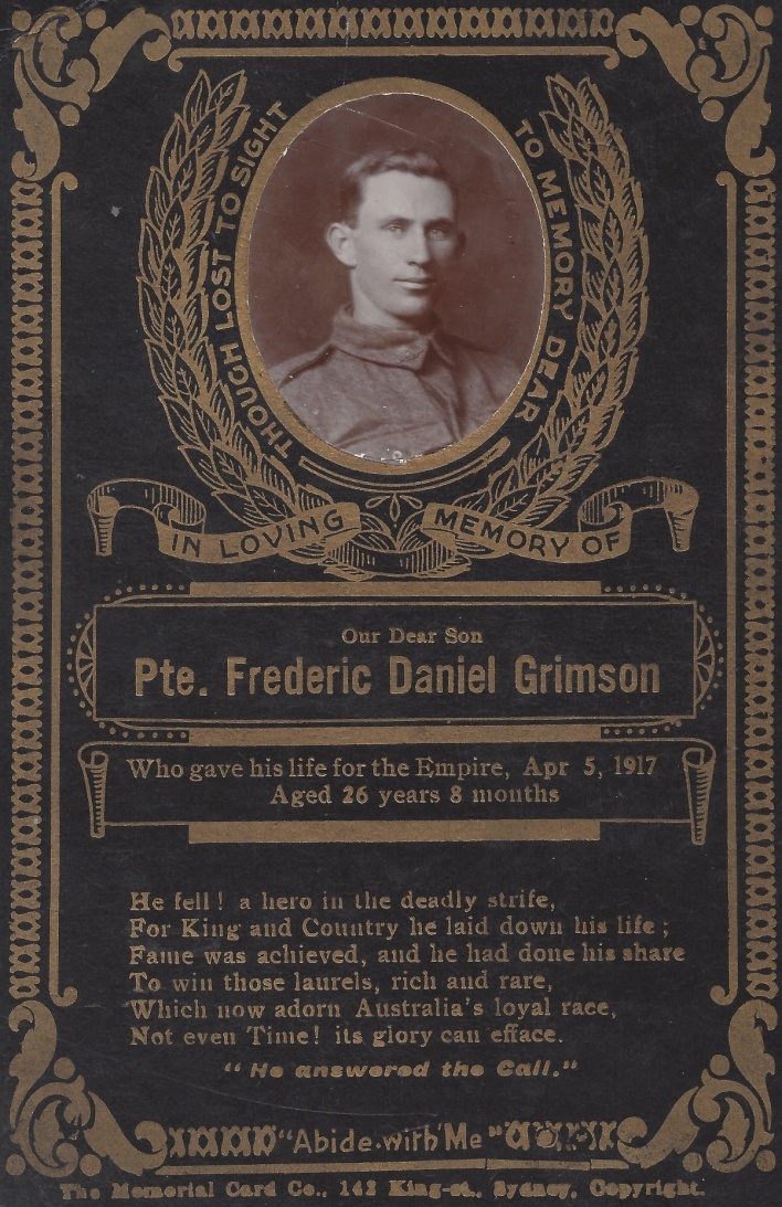 Frederick Daniel Grimson memorial card