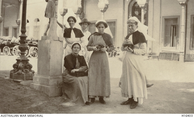 Four nurses of the Australian Army Nursing Service at No 2 Australian General Hospital which was based in Gezireh Palace, Egypt c1915. Sister Stone is on the far right.
