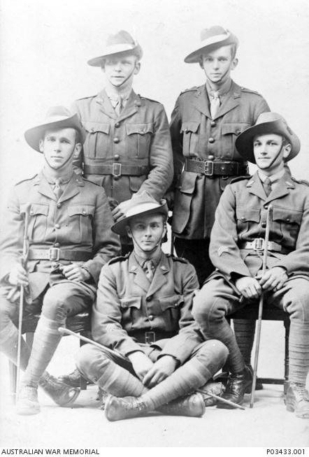 Five members of the 9th Field Company, Australian Engineers. Sergeant Herbert Velvin-Smith is seated on the right.