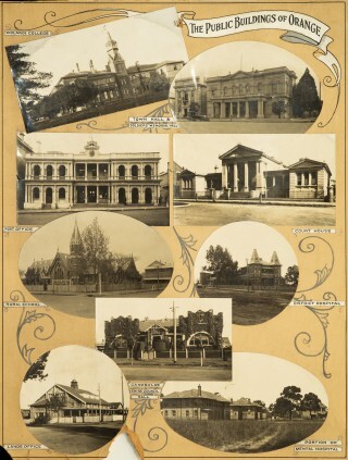 Montage of photographs of Wolaroi College, Town Hall and Soldiers' Memorial Hall, Post Office, Court House, Rural School, District Hospital, Canobolas Shire Council Hall, Lands Office and portion of Mental Hospital. 