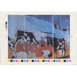 Section of Mural on Gas Works brick wall depicting Freisan cows, sheep and a dog