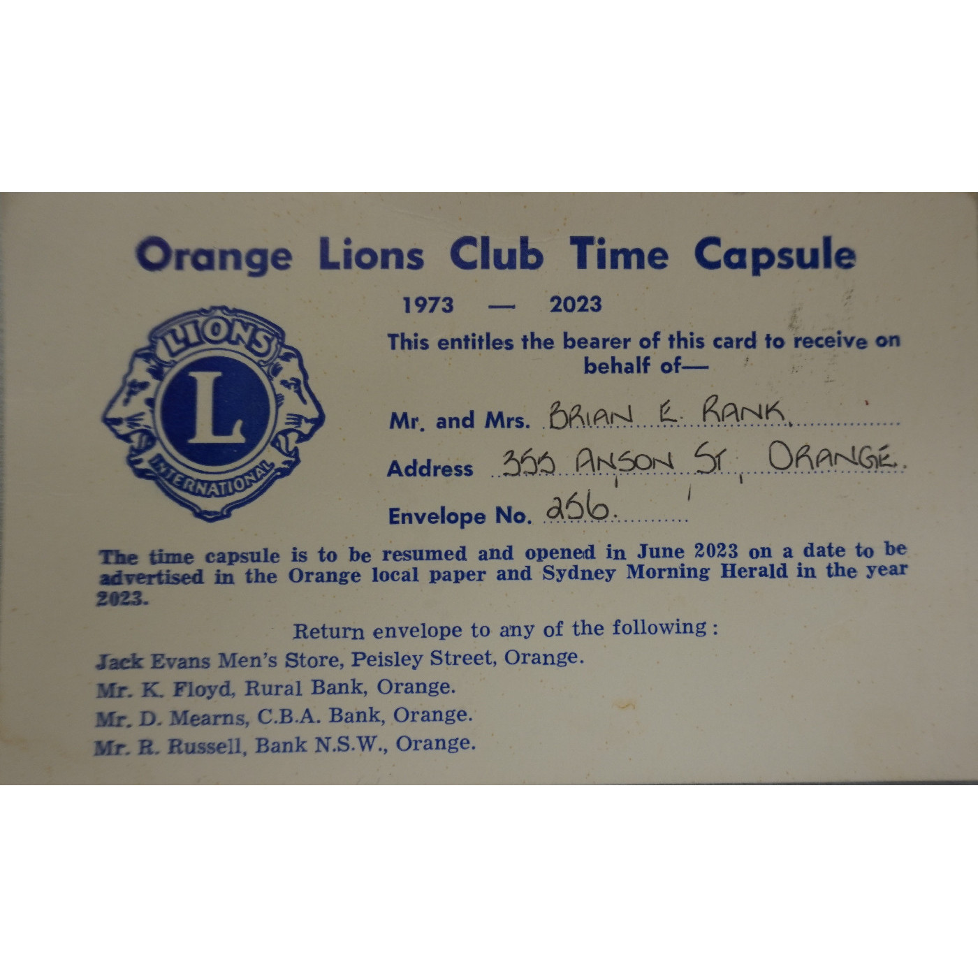 Orange Lions Club Time Capsule Ticket