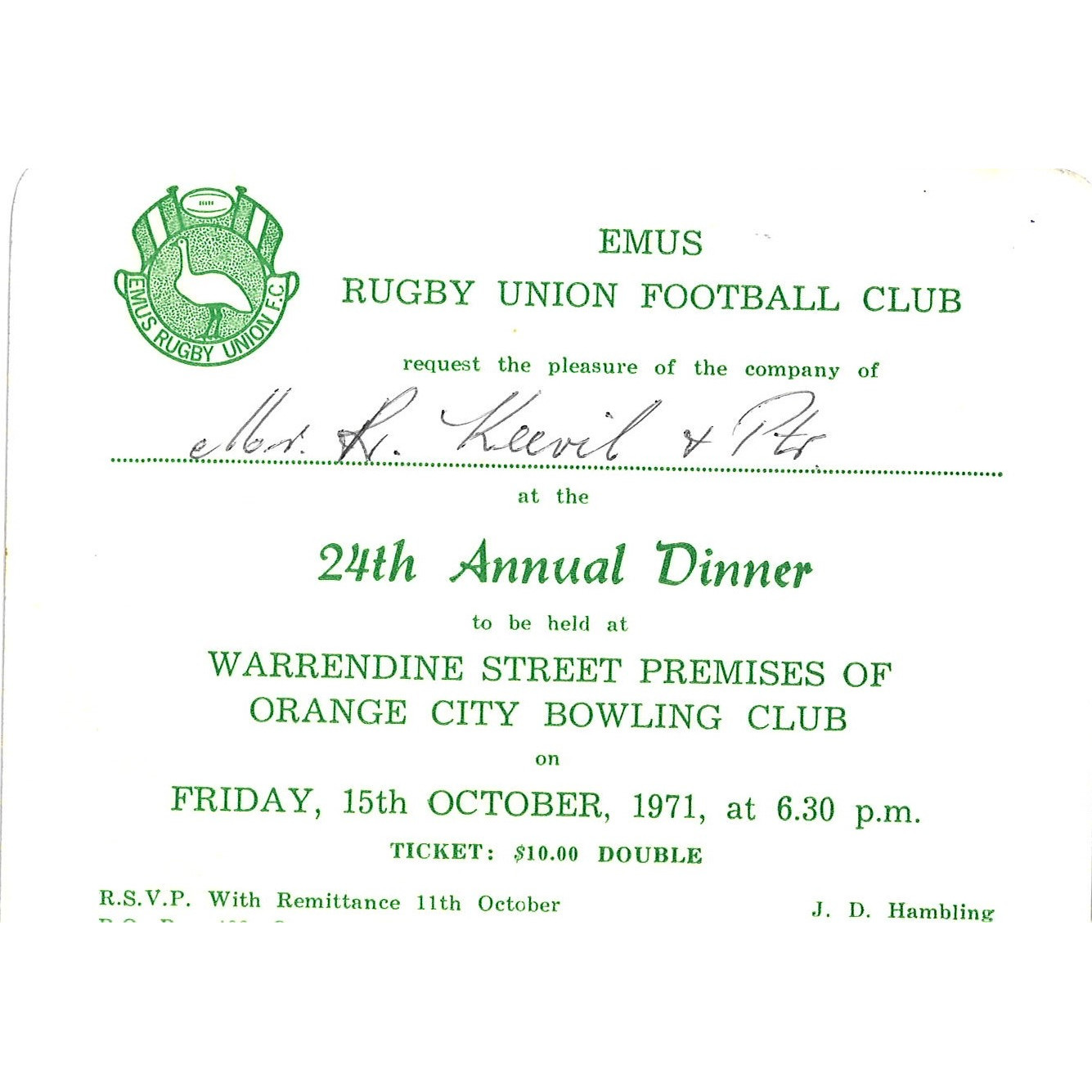 Invitation to Emus Rugby Union Football Club 24th Annual dinner 