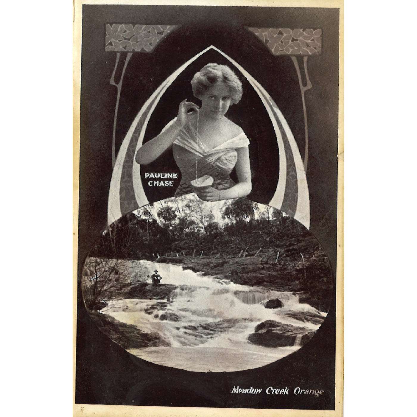 Postcard of Pauline Chase and Meadow Creek