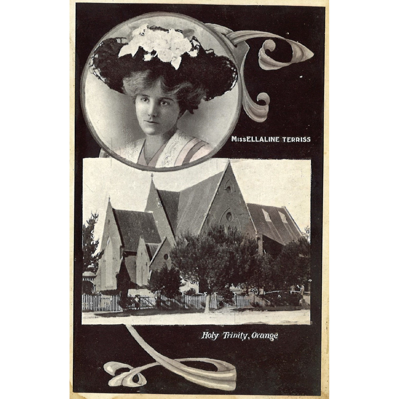 Postcard of Miss Ellaline Terriss and Holy Trinity Church, Orange