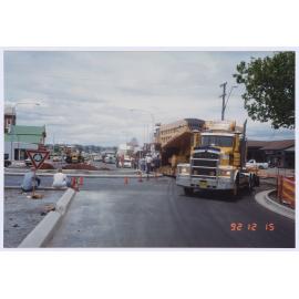 Large low loader truck Hill and Summer Streets roundabout 