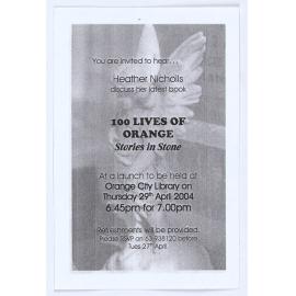 100 Lives of Orange; Stories in Stone Book Launch Invitation