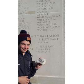  Jarvis Regan with his tribute to Jack Curran, Villers-Bretonneux Memorial, France, April 2016