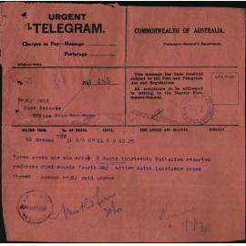 Telegram advising Errol Bathurst Smith's mother of his death