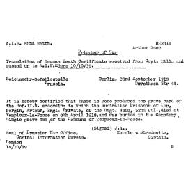 Arthur Bergin's death certificate translated from German