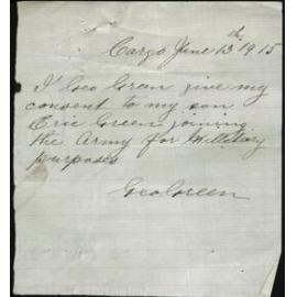 George Green's consent for his son Eric to enlist
