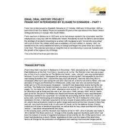 Frank Hoy interviewed by Elisabeth Edwards - Part 1.