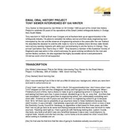 Tony Siemer interviewed by Gai Winter