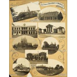 Montage of photographs of Wolaroi College, Town Hall and Soldiers' Memorial Hall, Post Office, Court House, Rural School, District Hospital, Canobolas Shire Council Hall, Lands Office and portion of Mental Hospital.