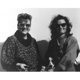 Elizabeth Heath and Christina Caddie with dog Sally, Orange, NSW