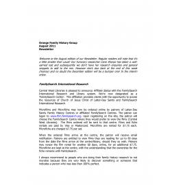 Orange Family History Group Inc Newsletter August 2011