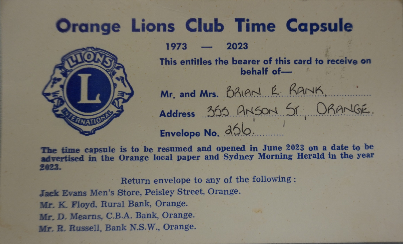 Orange Lions Club Time Capsule Ticket