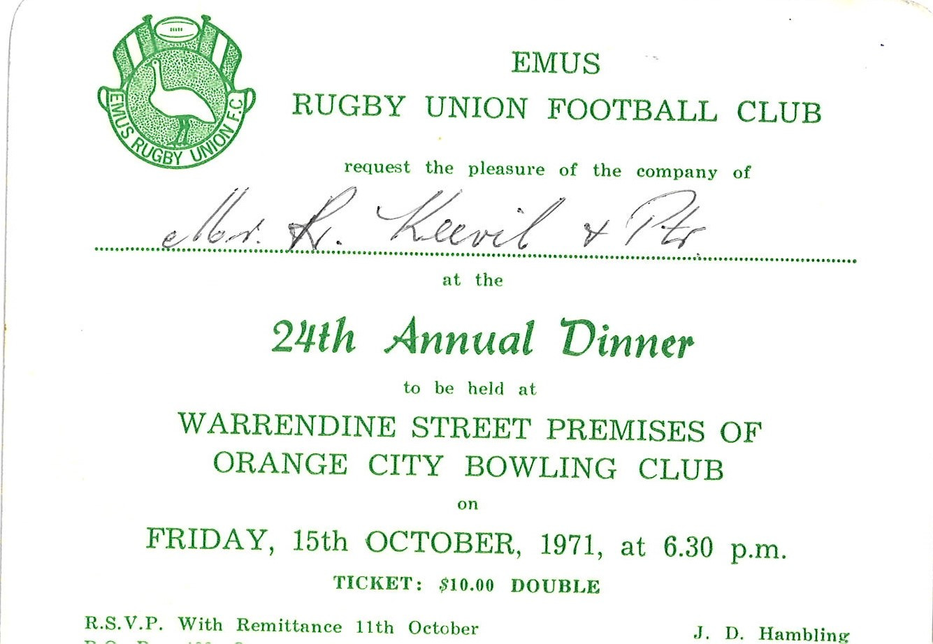 Invitation to Emus Rugby Union Football Club 24th Annual dinner 