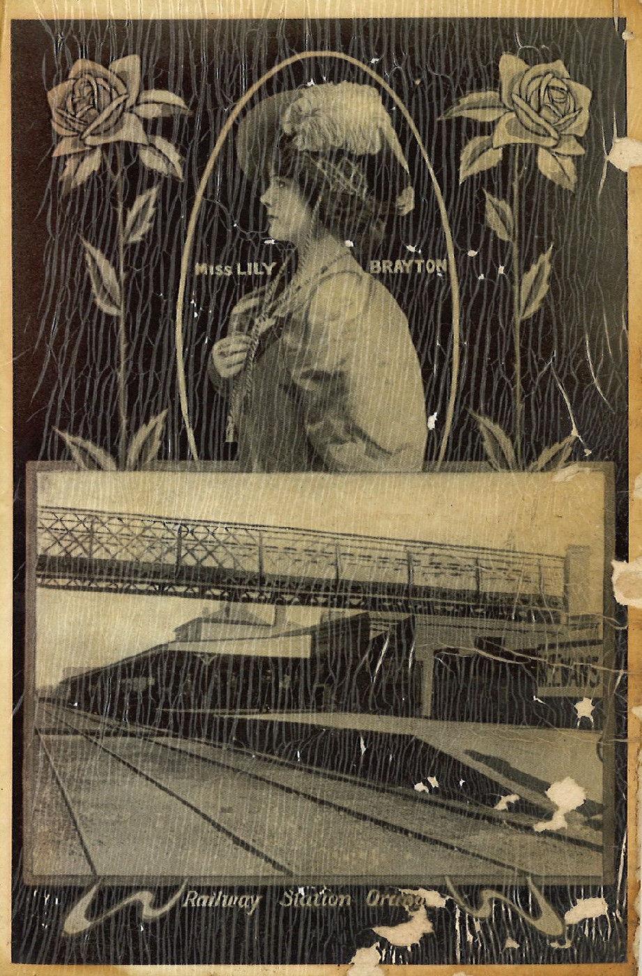 Postcard of Miss Lily Brayton and Orange Railway Station