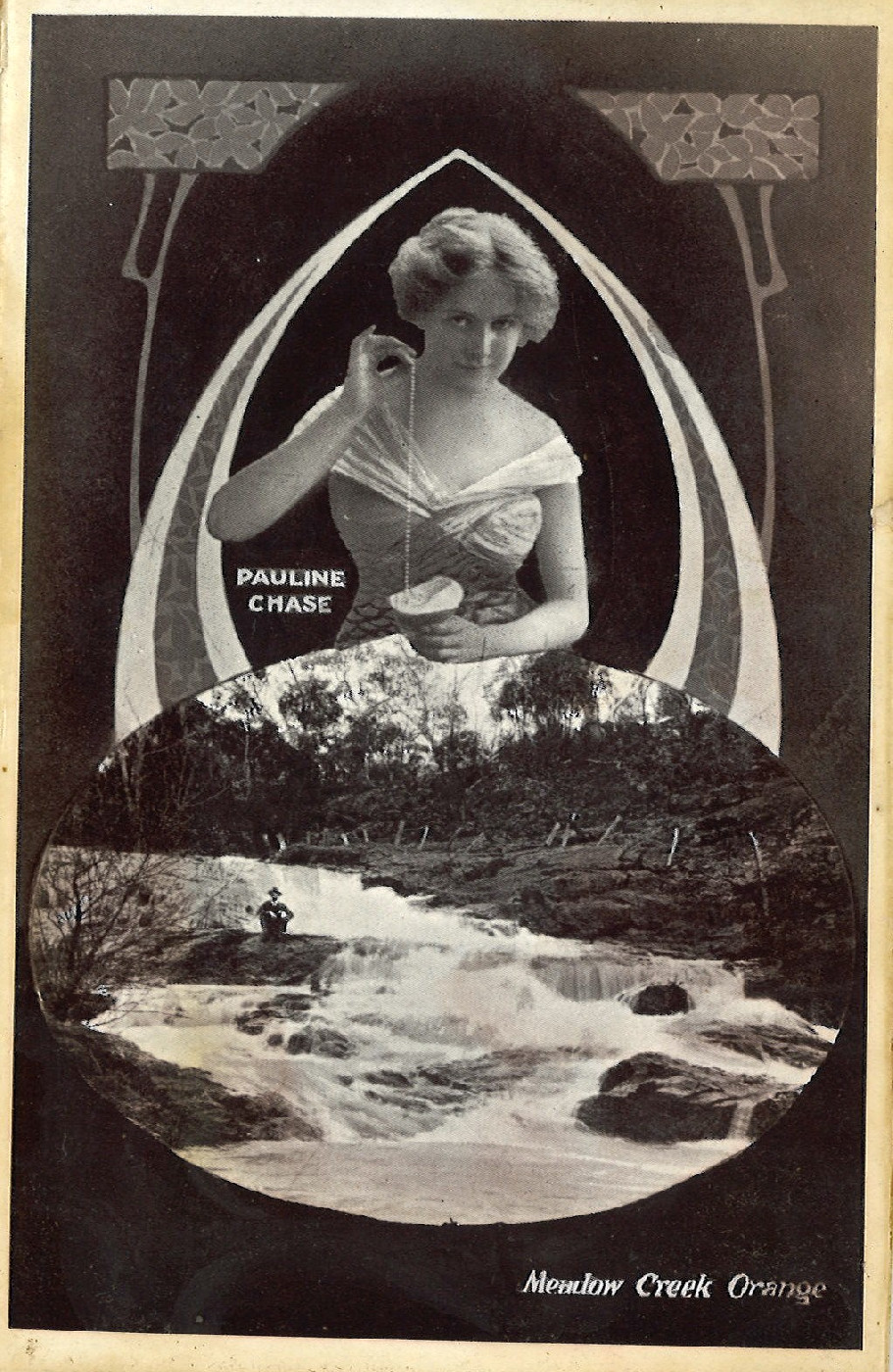 Postcard of Pauline Chase and Meadow Creek