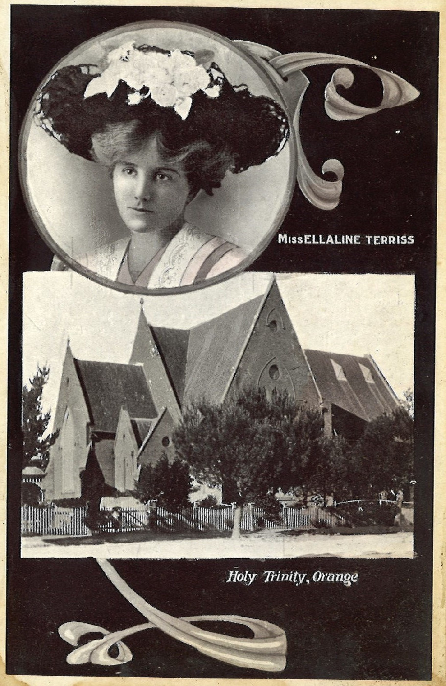 Postcard of Miss Ellaline Terriss and Holy Trinity Church, Orange