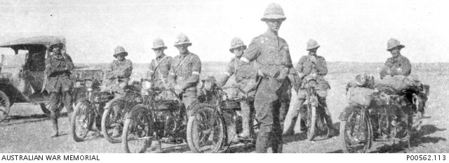 Captain William Henry Payne and despatch riders with the 1st Cavalry Divisional Signal Squadron, part of the Mesopotamian Expeditionary Force, Tekrit, Mesopotamia, November 1917

Image courtesy Australian War Memorial.
