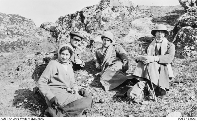Three nurses of No 3 Australian General Hospital and an unidentified soldier during a walk on an island, probably Lemnos

Image courtesy Australian War Memorial